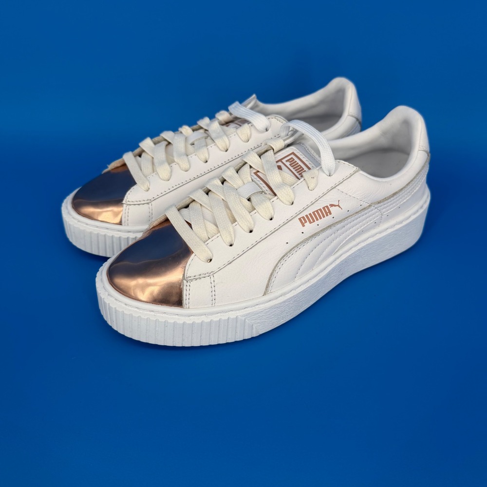 Puma Platform Metallic White Rose Gold Copper Metal Toe Sneakers 366169 03 Sz 7